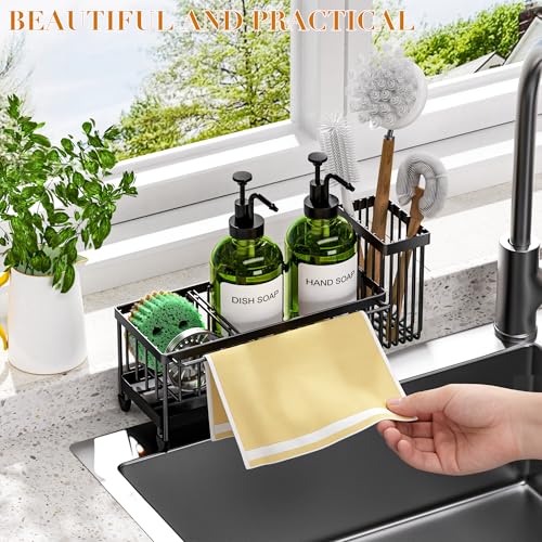 Kitchen Soap Dispenser Set with Sponge Holder and Towel Rack, 17OZ Glass Bottle, Hand and Dish Soap Dispenser Set, Non-Slip Silicone Pad, Brush Holder, Kitchen Sink Caddy Organizer Countertop (Green) - color: Green