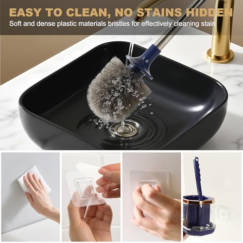 Toilet Bowl Brush and Holder 2 Pack Long Handled Toilet Brush Set for Bathroom with Gap Cleaning Brush and Clip deep Cleaning Wall-Mounted Household 3-in-1 Cleaning Brush Set （Blue）