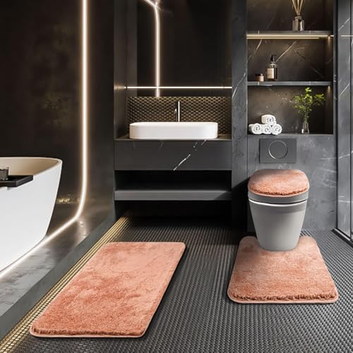 Bathroom Rugs Sets 3 Piece with Adjustable Toilet Seat Cover 17.5"x 15" Machine Washable Bath Rug Set with TPR Non Slip Rubber Backing Solid Bath Mat Set for Luxury Bathroom Decoration - color: Blush Pink