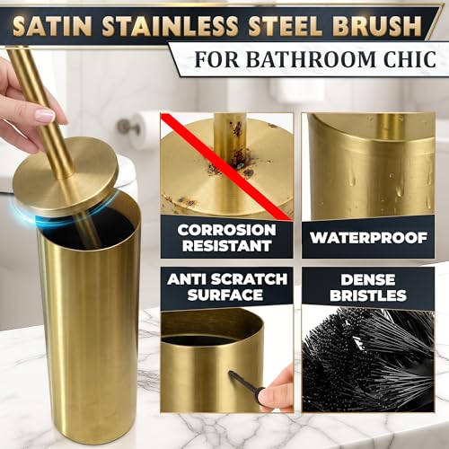 Stainless Steel Toilet Brush and Holder Set, Splash Guard (Gold) | Toilet Bowl Brush and Holder, Removable Inner Bowl, Dense Bristles, Long Handle, Scratch Resistant, for Modern Bathrooms - color: Gold
