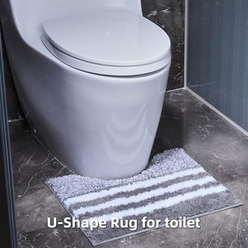3 Piece Striped Bathroom Rug Set - U-Shaped Toilet Rug, Non-Slip Rubber Bottom, Ultra Soft Microfiber, Quick Dry - (Grey) - color: Light Grey