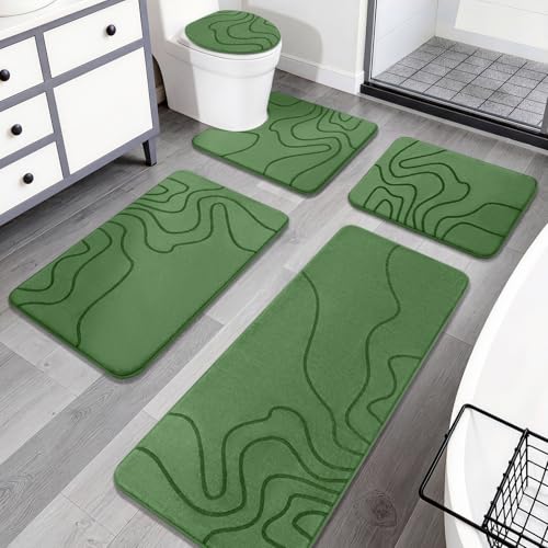 YIHOUSE Memory Foam Bathroom Rugs Sets 5 Piece - Extra Thick Ultra Soft Absorbent Bath Mat Set, Non-Slip Machine Washable Bath Rugs for Bathroom, Tub & Shower, Home Decor Accessories, Olive Green - color: Olive Green, size: 1'5" x 3'10" (5 pieces)