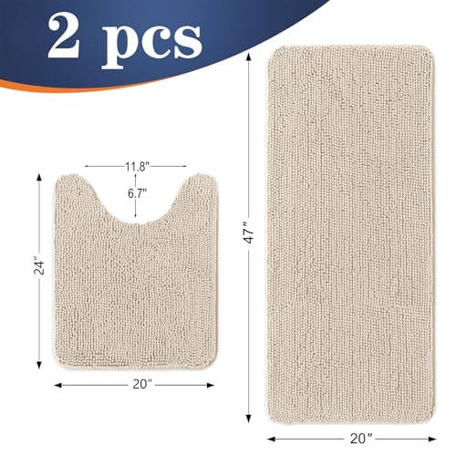 OLANLY Bathroom Rugs Sets 2 Piece, Soft Absorbent Chenille Bath Mats and U-Shaped Contour Toilet Mat Area Rug Set, Machine Washable Bath Carpet, Home Decor Accessories(47"x20"+24"x20", Sand) - color: Sand, size: 47" X 20" + U24" X 20"