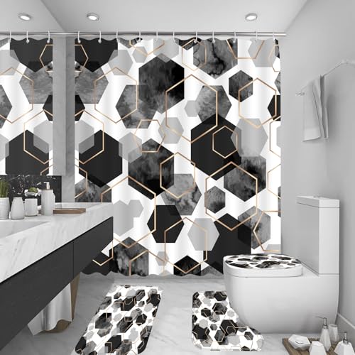 4Pcs Black White Geometric Shower Curtain Set, Neutral Modern Art Deco Shower Curtain with Hooks, Elegant Trendy Simple Bathroom Sets with Shower Curtain and Rugs, 71 * 71in - color: Black