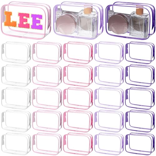 Shinylin 30 Pcs Clear Makeup Bag with Zipper PVC Toiletry Bag Portable Waterproof Make up Pouches Clear Makeup Case Organizer for Women Travel Toiletries Bathroom Organizing (Pink and Purple)
