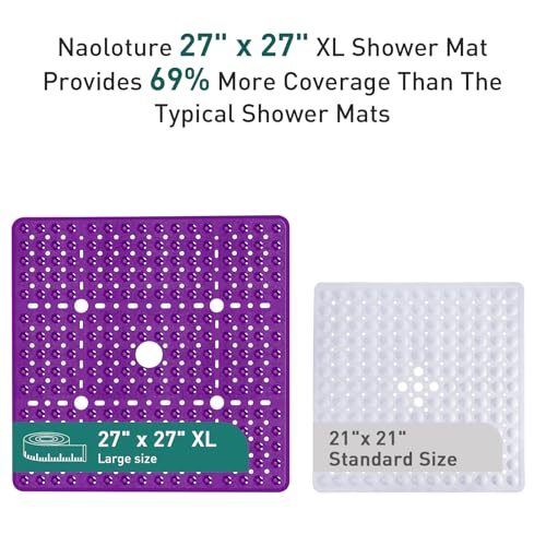 Large Square Shower Mat 27 x 27 Inch Clear Purple, Non Slip Shower Bathtub Mats for Inside Shower With Big Suction Cups Drain Holes, Anti Slip Bathroom Floor Stall Mats, Easy Clean, BPA-Free - color: Clear Purple