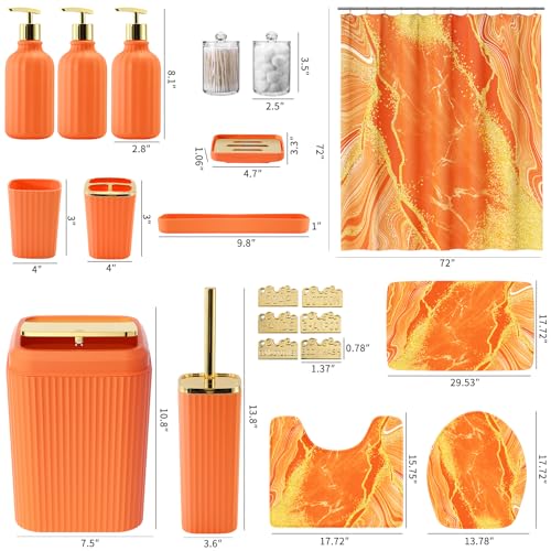 21PCS Bathroom Sets with Shower Curtain and Rugs Bathroom Accessories Set Orange Bathroom Set Complete with Trash Can, Toilet Brush, Qtip Holder & 3PCS Soap Dispenser - size: Bath Set+Marble Shower Curtain+Rugs, style: Orange