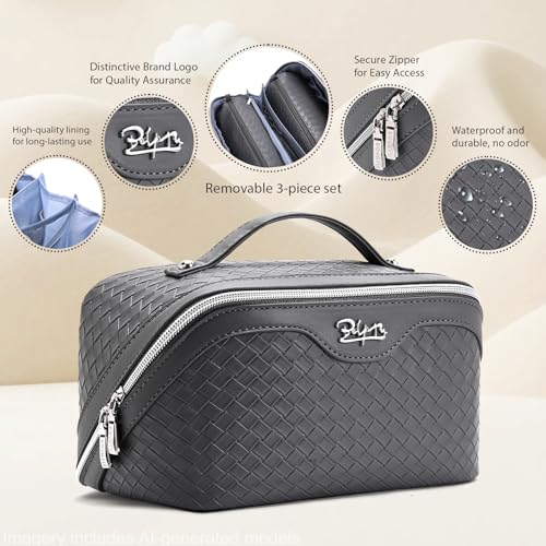 BOYATU Travel Makeup Bag Cosmetic Bags for Women: Large Capacity 3 Pcs Set Make up Bag with Compartments - Waterproof Vegan Leather Toiletry Organizer Bags with Handle (L07Grey) - color: L07Grey