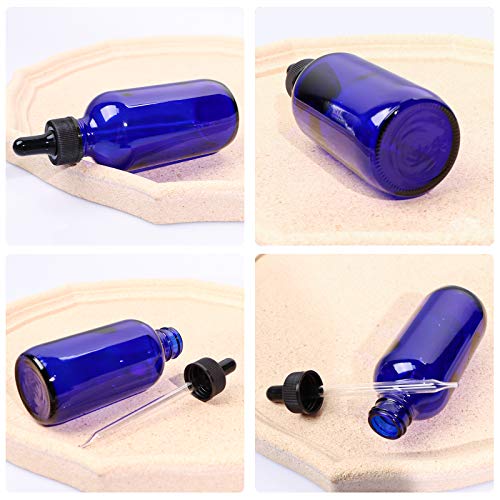 12 Pack 4oz Cobalt Blue Glass Bottles with Glass Eye Droppers for Essential Oils, Perfumes & Lab Chemicals (Brush, Funnels, 2 Extra Droppers, 24 Pcs Labels & 30ml Measuring Cup Included) - color: Cobalt Blue