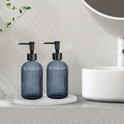 2 Pack Stripe Glass Soap Dispenser with Black Plastic Pump, 400ml Liquid Hand Soap Dispenser, Rustproof Pump for Kitchen & Bathroom, Great for Lotions, Essential Oil, Liquid Soaps- (Grayish Blue) - color: Grayish Blue, size: Plastic Pump
