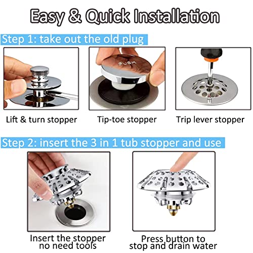AzWzz Universal Tub Stopper Bathtub Drain Plug, Pop Up Tub Drain Hair Catcher, Drain Cover with Strainer, for 1-3/8 to 2in Bath Drain Hole - color: Chrome Silver, style: Tub Drain Stopper with Hair Catcher