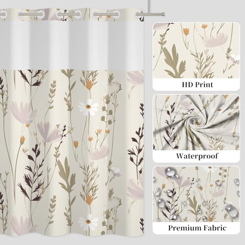 No Hook Floral Shower Curtain with Snap in Liner Set 71x74 Inch | Wildflower Botanical Shower Curtain with Mesh Top Window, Neutral Boho Farmhouse Waterproof Washable Fabric Bath Decor - color: Wildflowers-b