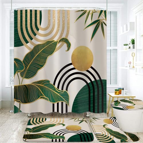 LQCOOL 4Pcs Green Shower Curtain Set, Boho Bathroom Sets,Shower Curtain with 12 Hooks, Bamboo Leaf Bathroom Sets with Shower Curtain and Rugs - color: Green Yellow