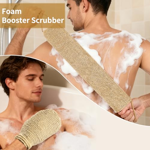 Japanese Exfoliating Washcloth & Scrub Glove Set – 2-Sided Hemp Body Scrubber Towel with Handles for Deep Cleansing, Back Scrubber for Shower & Bath (Men/Women), Yellow