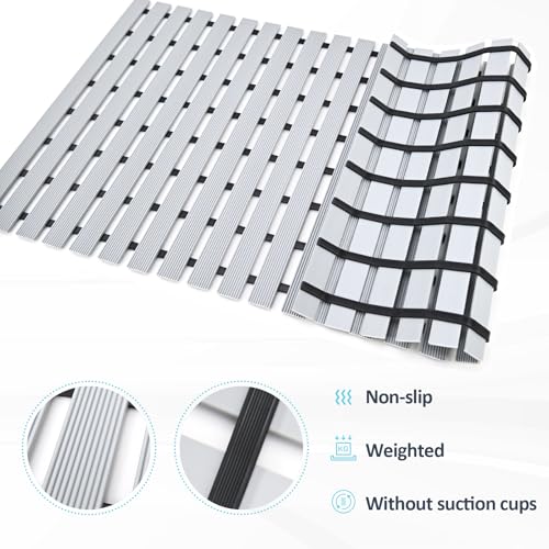 Grey Weighted Non Slip Bathtub Mat Without Suction Cups,Textured TPE Bath Mat for Textured Tub & Shower Surfaces,Doesn't Float, Works on Tile and Stone(33.8”x 17”)