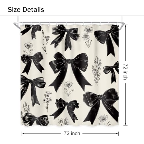 Black Bow Shower Curtain 72Wx72L Inch Girls Coquette Retro Vintage Bowknot Floral Wildflower Girly Fashion Elegant Plant Bathroom Set Aesthetic Bath Curtain Bathtub Accessories Home Decor - color: A 01black, size: 72"W x 72"L (Pack of 1)