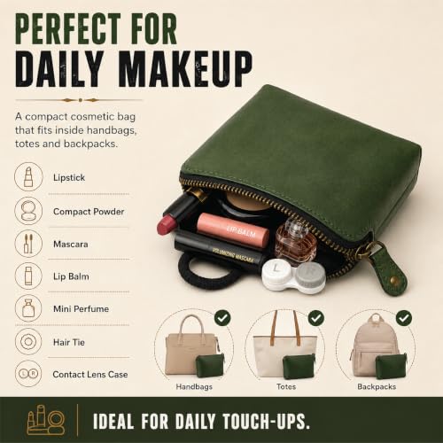 Full Grain Leather Cosmetic Bag – Zippered Makeup Pouch for Women, Small Travel Toiletry & Organizer Pouch for Purse, Premium Handmade Leather (5 × 4 × 2.5 in) - color: Green