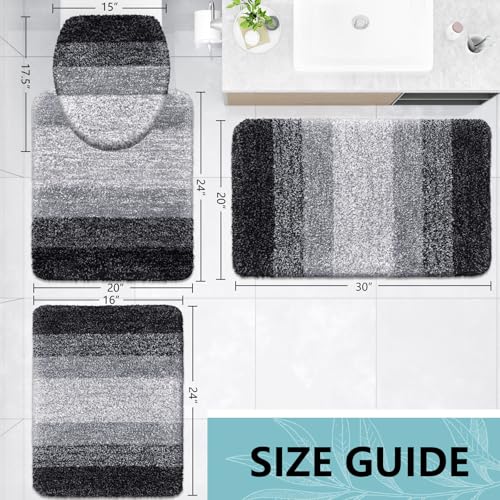 Arotive Microfiber Bathroom Rugs Sets 4 Piece, Extra Soft Absorbent Bath Mats, Machine Wash Dry U-Shaped Contour Rug and Toilet Lid Cover for Bath Tub, Toilet and Shower, Black - color: Black, size: 30" X 20" + 24" X 16" + 24" X 20" + 17.5" X 15"