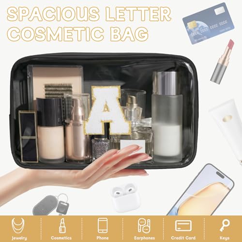Initial Clear Makeup Bag, Birthday Gift Preppy Chenille Patch Cosmetic Bag, Initial Travel Essentials Beach Toiletry Pouch, Ideal Gift for Teachers & Moms, Women and Girls (Black, A) - color: Black, style: A