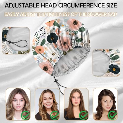 2 PCS Shower Cap Reusable Waterproof Adjustable Double Layer Elastic Dry Hair Bathing Caps Aesthetic Cute for Women Girls-Pink Flower - color: H-13-Pink Flower
