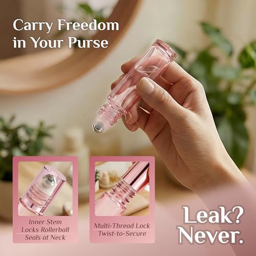 PrettyCare 24 Pack, 10 ml Essential Oil Roller Bottles with Stainless Steel Roller Ball - Refillable Leak-proof Empty Thick Pink Glass Roll on Bottles with Pink Caps for Travel, Perfume - color: Pink with Pink Cap, size: 24 Pack
