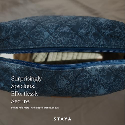 Staya Quilted Makeup Bag for Women – Cotton Travel Cosmetic & Toiletry Pouch, Small Aesthetic Organizer for Purse & Carry-On (Indigo Petals) - color: Indigo