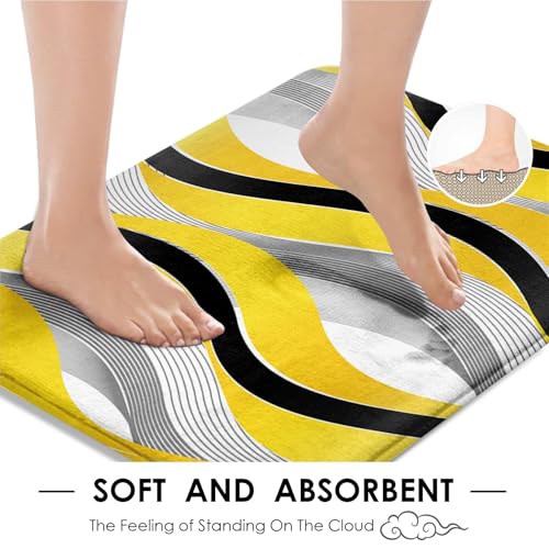 Yellow Striped Shower Curtain Set with Toilet Lid Cover and Non-Slip Rugs for Bathroom, Grey and Black Geometric Lines 4 Pcs Shower Curtain, Modern Yellow Bathroom Set with 12 Hooks - color: Geometric Lines Yellow