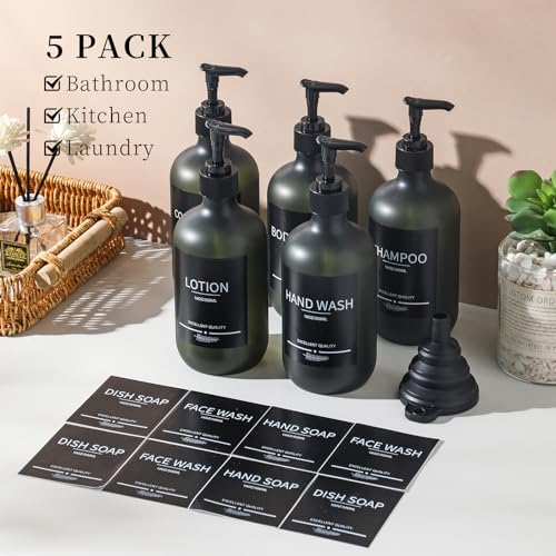 Plastic Refillable Shampoo and Conditioner Bottles with Pumps and Labels (5-Pack, Green) - color: Matte Green