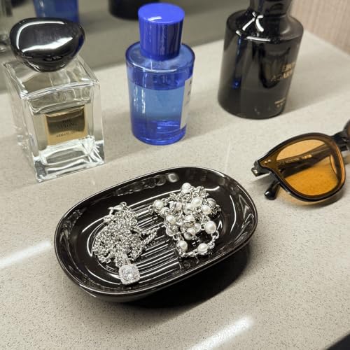 Ceramic Marble Pattern Soap Dish, Textured Raised Soap Saver Tray for Shower Bathroom Kitchen Sink Vanity, Easy to Clean Multi-Use Holder for Bar Soap Jewelry Rings Keys, Black (2 Pack) - color: Black2p
