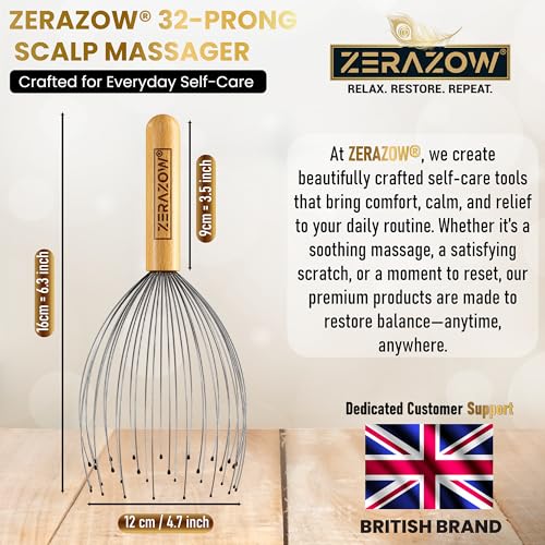ZERAZOW® Scalp Massager with 32-Prong, Head Massager Scalp Massage Tool for Relaxation, Beech Wood Head Scratcher, Scalp Scratcher for Head Massage, Scalp Stimulator, Fathers Day Gift for Men/Women