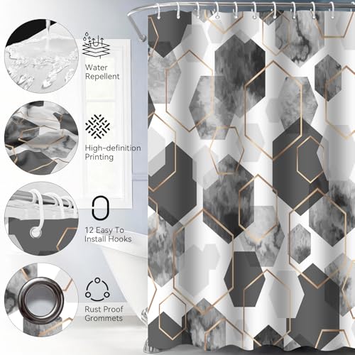 4Pcs Gray White Geometric Shower Curtain Set, Neutral Modern Art Deco Shower Curtain with Hooks, Elegant Trendy Simple Bathroom Sets with Shower Curtain and Rugs, 71 * 71in - color: Grey