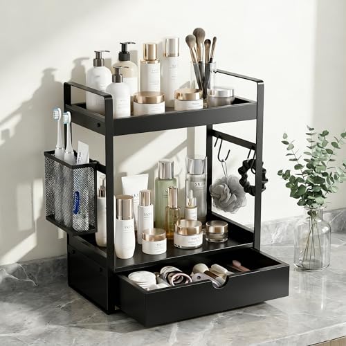2-Tier Bathroom Counter Organizer with Drawer Basket and Hooks, Wood Bathroom Organizers and Storage for countertop, Farmhouse Black Countertop Organizer, Counter Shelf for Vanity, Kitchen, Office - color: Black With Basket