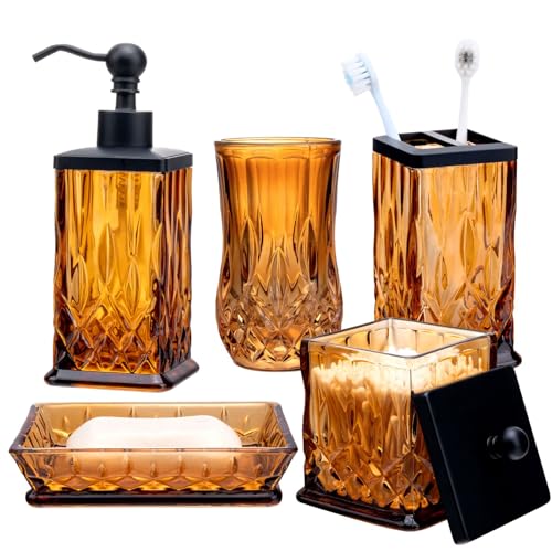Amber Bathroom Accessories, Thick Etched Glass & Zinc Alloy Pump | Square Design, Beautiful & Weight, 5 Pcs Soap Dispenser, Toothbrush Holder, Soap Dish, Tumbler & Jar, for Mission/Amish Style - style: Square(Amber)