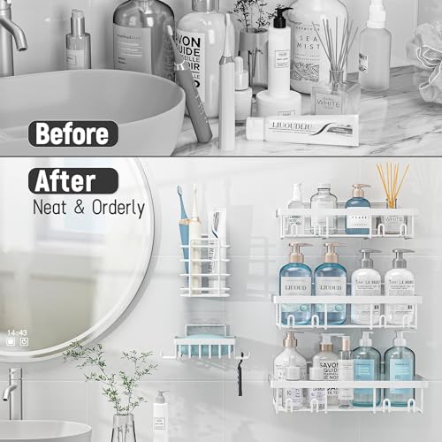 Liuoud 5 Pack Shower Caddy Organizer Rack Shelf for Inside Shower, Self Adhesive Wall Storage Basket Rustproof Stainless Steel Shampoo Holder Bathroom Accessory Decor Set, White - color: White