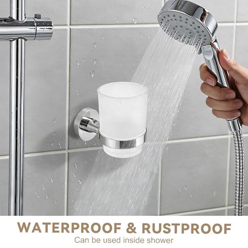 Toothbrush Holder, Wall Mounted Mouthwash Tumbler Holder with Frosted Glass Tumbler for Bathroom&Kitchen,Silver - color: Silver