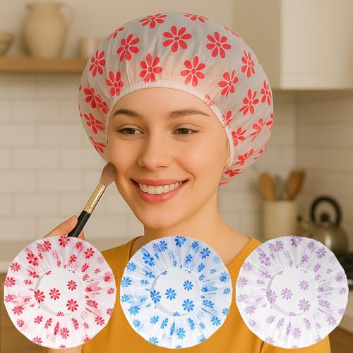 Reusable EVA Shower Caps Trio – Water-Resistant Bath Caps for Women, 3-Piece Hair Cover Set (Red/Blue/Purple Snowflake Style) - color: (Red+Blue+Purple Snowflake