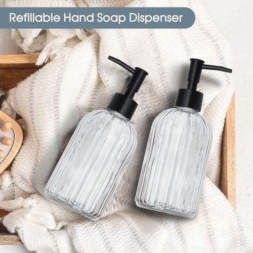 Topsky 2 Pack Glass Soap Dispenser with Plastic Pump, 400ml Liquid Hand Soap Dispenser, Rustproof Pump for Kitchen & Bathroom, Great for Lotions, Essential Oil, Liquid Soaps,Transparent - color: Stripe-clear, size: Plastic Pump