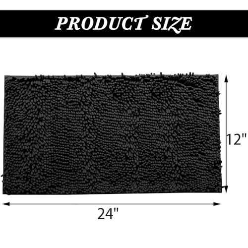 Non-Slip Bath Rug,Extra Soft Microfiber Bedroom Shag Carpet with Anti-Slip Backing,Water/Dust Absorbent Fast Dry Shower Mat,Sound Insulated Stairs Pad,Machine Washable (Black,12 x 24 Inches) - color: Black, size: 2' x 1' (Rectangular)