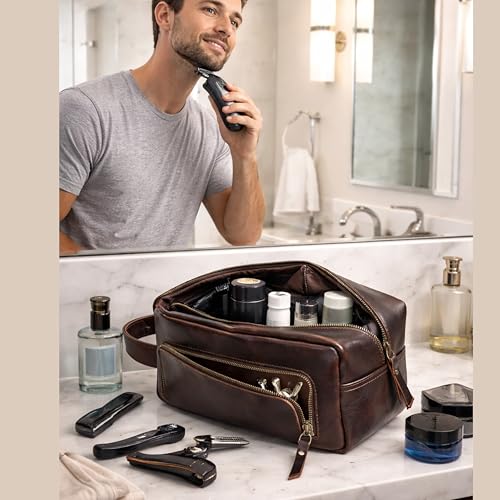 Men's Toiletry Bag Leather Travel Toiletry Bag Dopp Kit for Men Shaving Bag for Travel Accessories 101 YEAR QUALITY REPLACEMENT WARRENTY - color: Dark Chocolate Brown