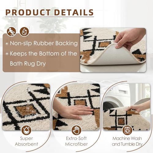 Arttown White Boho Aztec Vintage Bathroom Rug Set 2 Piece Fluffy Microfiber Bathroom Mat Non-Slip Water Absorbent Bath Rug Soft Washable Floor Rug for Tub Showers Laundry Room Decor (16"x24"+20"x32") - color: White Brown