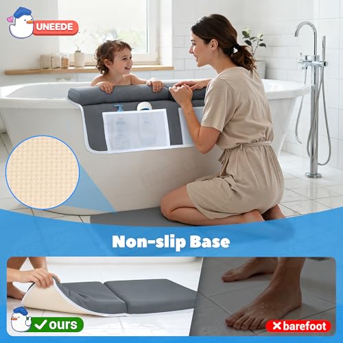 UNEEDE Baby Bath Kneeler & Elbow Pad Set, 1.5" Thick Memory Foam Bath Mat | Kneeling Pad with Elbow Support and Bath Toy Storage Bag, Bathtub Mat with Toy Organizer for Bathing Infant or Toddler, Greye