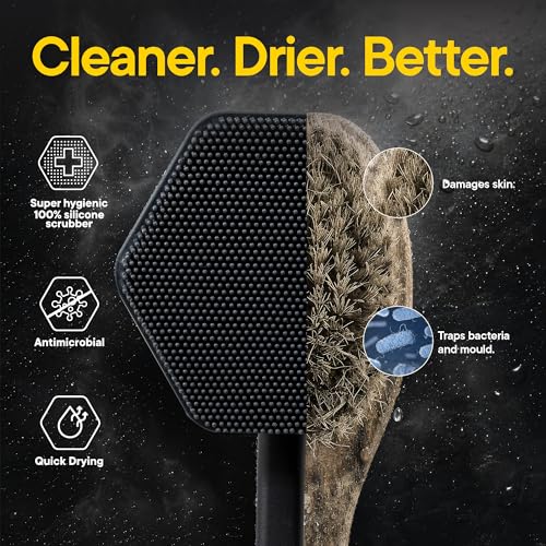TOOLETRIES Silicone Back Scrubber for Shower with Hook - Charcoal | Long ergonomic bath brush with a non-slip grip for exfoliating and reaching hard-to-reach areas comfortably. - color: Charcoal