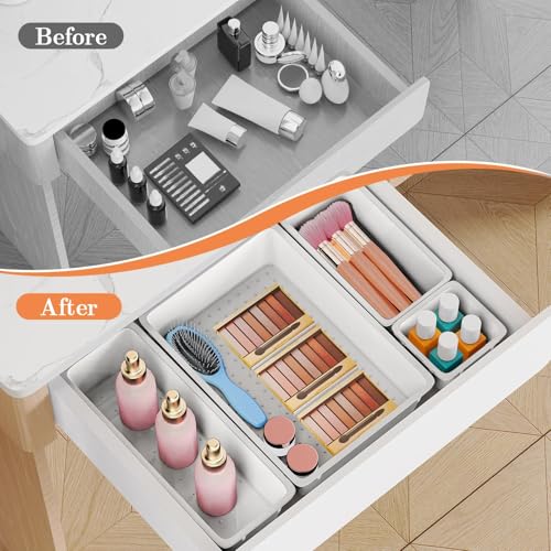 SpaceHacks 25 PCS Plastic Drawer Organizer Set, 4-Size Versatile Organizer Trays & storage Bins for Makeup, Jewelry, and Gadgets in Bathroom, Bedroom and Office, White - color: White