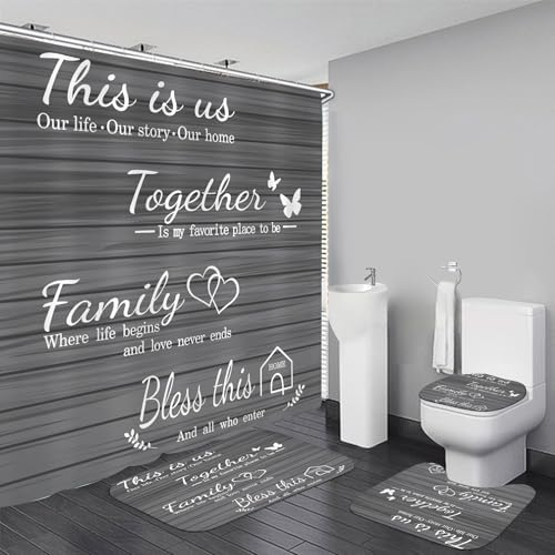 AZHM Family Shower Curtain Set Gray Home Bathroom Set with Shower Curtain and Rugs and Accessories Bathroom Decor Curtain with 12 Hooks - color: Grey