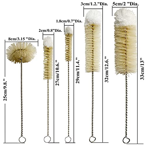 NewFerU Stainless Steel Soda Bottle Cleaning Brush Set in Natural Boar Bristle Wool Tip Long Handle, Flexible Bendable Thick Wire Cleaner for Narrow Neck Water Baby Bottles Straw Pipe Tube Flask (5)