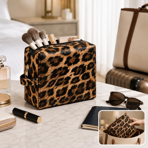 3PCS PU Leather Makeup Bag, Large Travel Cosmetic Pouch, Cute Toiletry Organizer for Women, Set of 3 - color: Brown-3pc