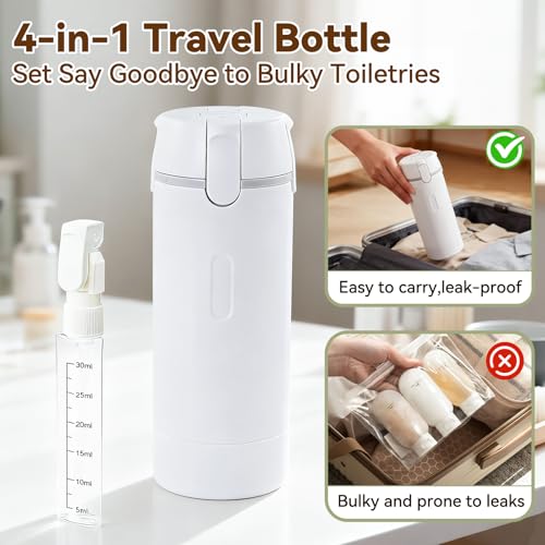 4 in 1 Travel Dispenser Bottle with Cleaning Brush,4 Pack 30ml Leak Proof Refillable Travel Size Toiletries Containers for Shampoo Conditioner,Portable Travel Bottles Set for Vacation Camping & Gym - color: White