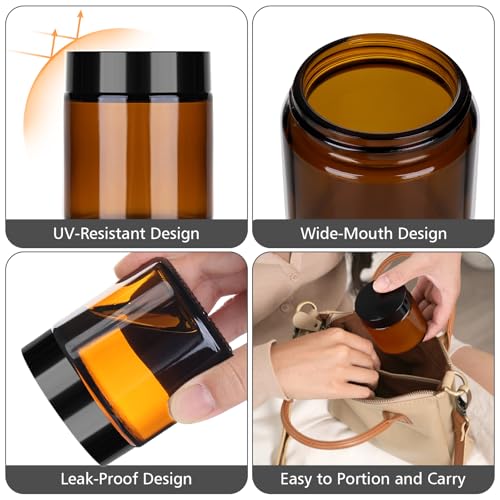 Accmor 8 oz Amber Glass Jars, 2 Pack Candle Jars with Black Lids & Inner Liners, 250g Wide Mouth Leak Proof Round Makeup Sample Containers for Storing Lotions, Creams, Honey, Candle, Jelly - color: Amber, size: 8 Ounce