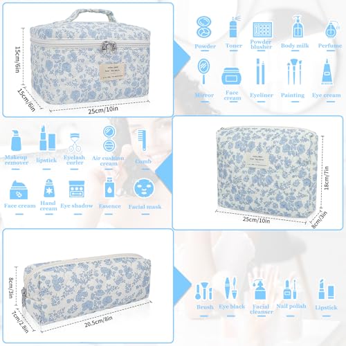 Gosect Makeup Bag, Large Quilted Cosmetic Bag, Big Floral Make Up Bag for Women Girls, Cute Cotton Makeup Bag Set, Flower Travel Toiletry Organizer Bag (Blue Flower) - color: Flower