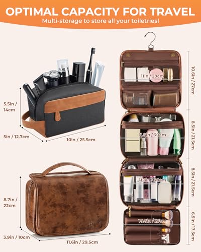 Elviros Hanging Travel Toiletry Bag Gift for Men，Mens Toiletries Bag Gifts Set Shaving Dopp Kit Water-resistant Bathroom Toiletries Organizer PU Leather Cosmetic Bags 2 Pack - color: Dark Brown, size: 2 Pack